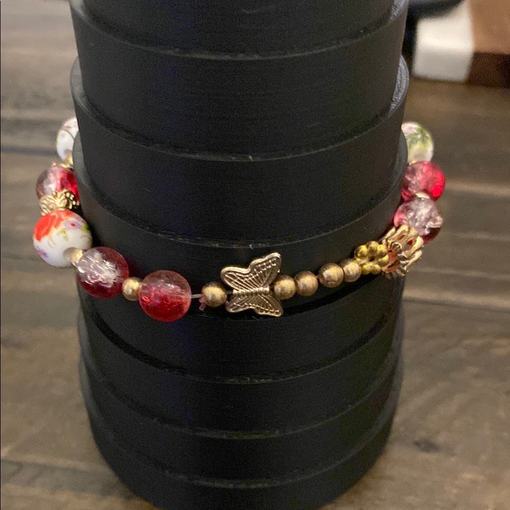 5 for $25 Elegant Red and Gold Beaded Bracelet with butterfly NWOT